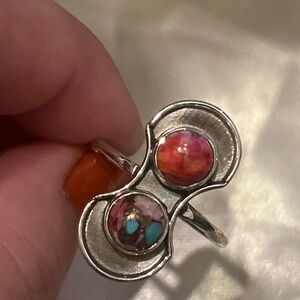 Sterling Silver Double Stone Pink Spiny Ring Size 9.25